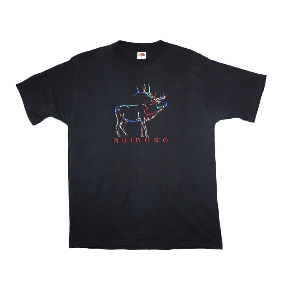 Vintage Ruidoso Deer embroidered print Black T Shirt Size L Cotton Fruit of Loom